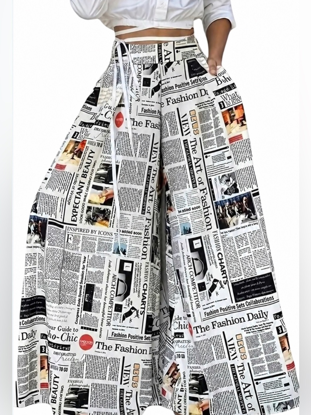 Unknown Brand Newspaper Print Wide-Leg Pants with Pockets Size-XXL Editoria